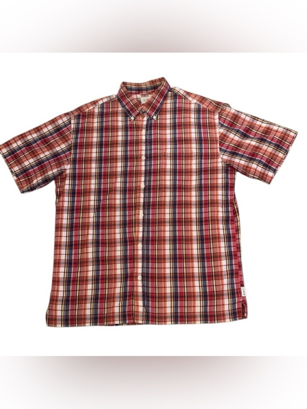 J.Crew Men’s Medium Madras Plaid Short Sleeved Button Down Shirt Red Blue Pocket